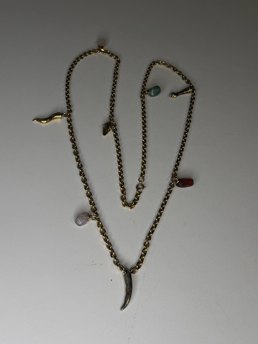 Gold Charm Necklace Horn Pendant Boho Amulet Beads Necklace